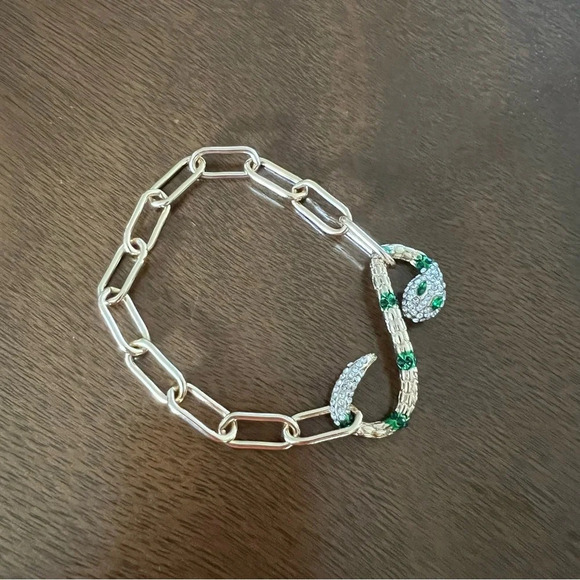 Gold Snake CZ Pave Bracelet with Paperclip Elongated Oval Link Chain - Picture 2 of 4